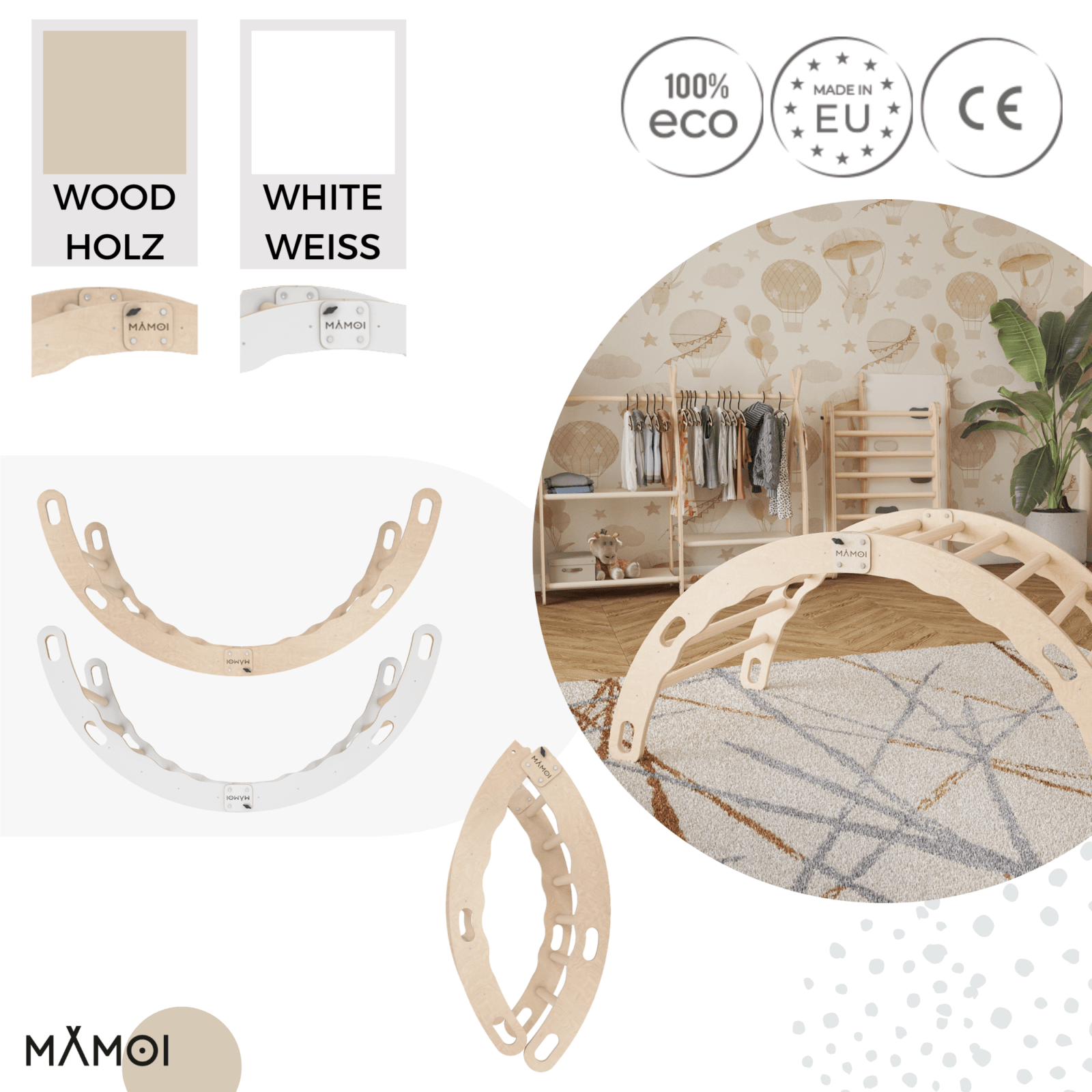 MAMOI® Indoor climbing frame for toddlers, Wooden baby gym, Play gym rocker toys made of wood for toddler, Rockers montessori climbing frame age 1-3