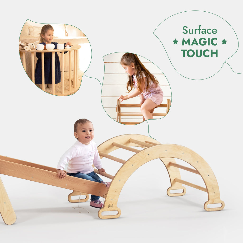 4in1 Montessori Climbing Frame: Pikler Triangle + Climbing Arch + Slide Board + Net – Beige
