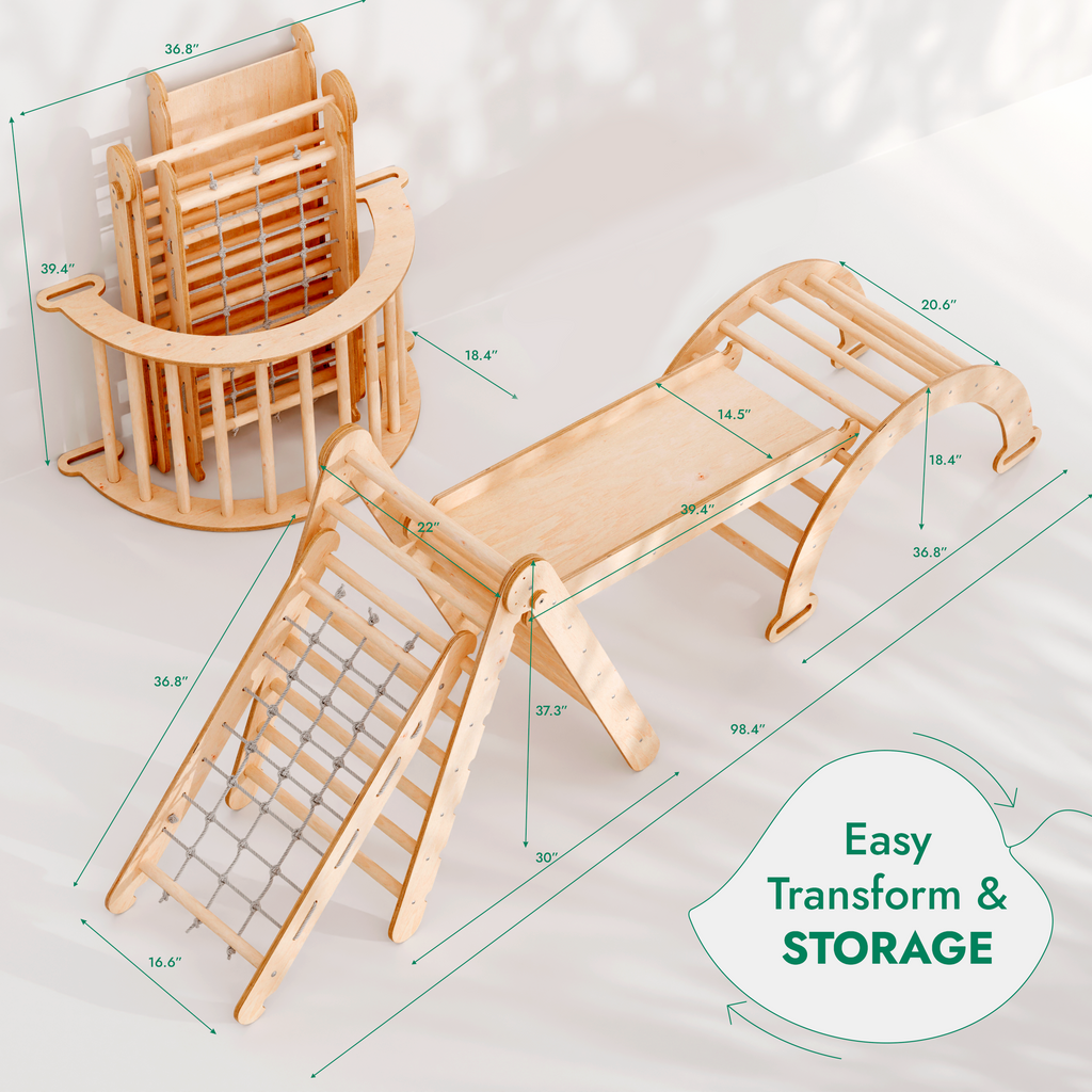 4in1 Montessori Climbing Frame: Pikler Triangle + Climbing Arch + Slide Board + Net – Beige