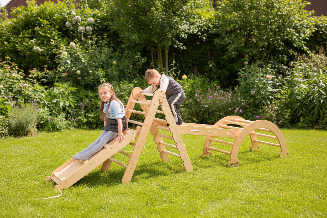 4in1 Montessori Climbing Frame: Pikler Triangle + Climbing Arch + Slide Board + Net – Beige