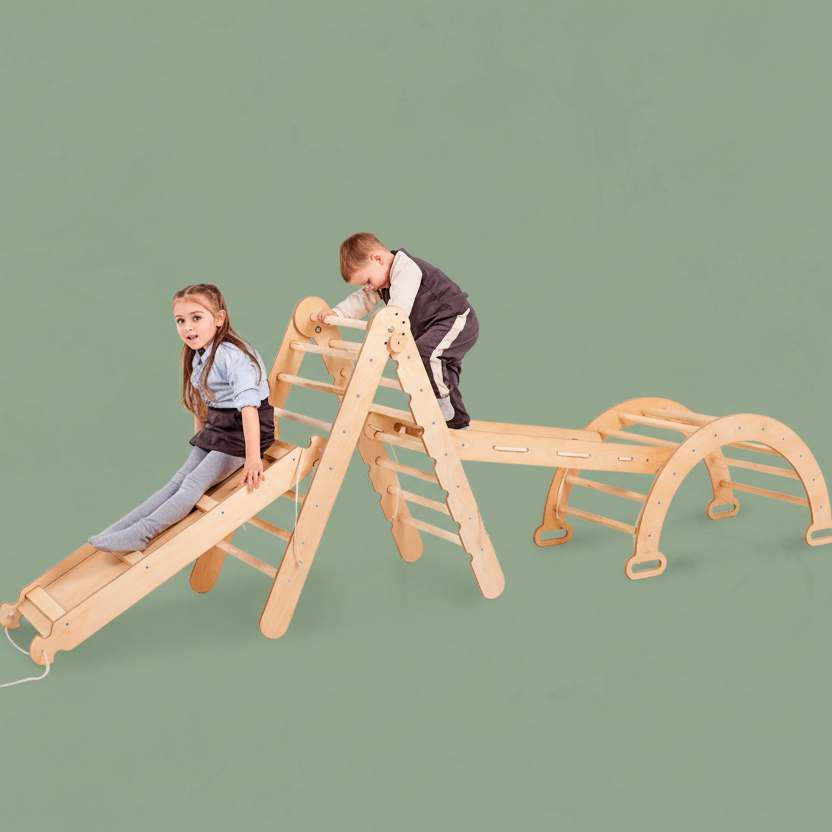 4in1 Montessori Climbing Frame: Pikler Triangle + Climbing Arch + Slide Board + Net – Beige