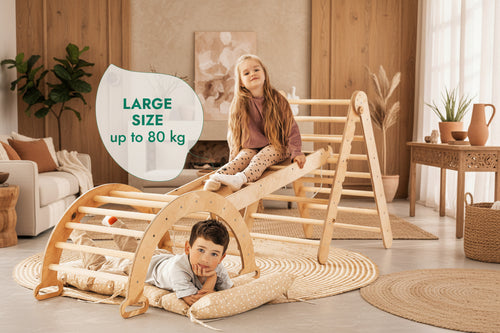 4in1 Montessori Climbing Frame Set: Triangle Ladder + Climbing Arch + Slide Board + Cushion Beige