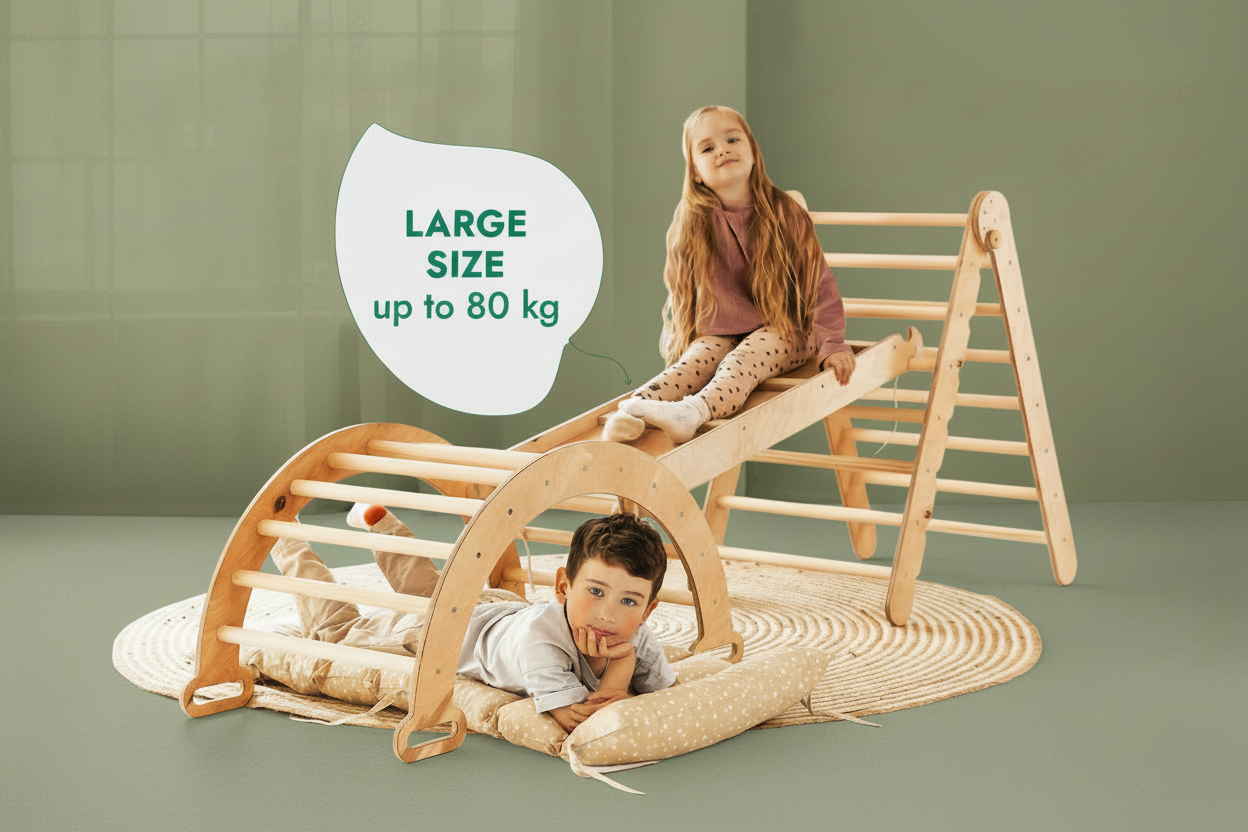 4in1 Montessori Climbing Frame Set: Triangle Ladder + Climbing Arch + Slide Board + Cushion Beige