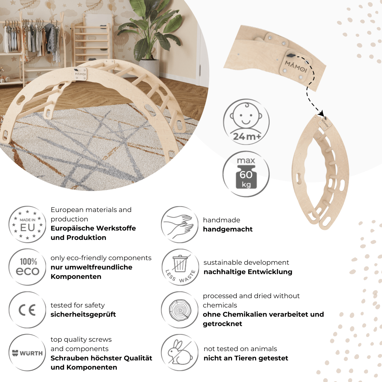 MAMOI® Indoor climbing frame for toddlers, Wooden baby gym, Play gym rocker toys made of wood for toddler, Rockers montessori climbing frame age 1-3
