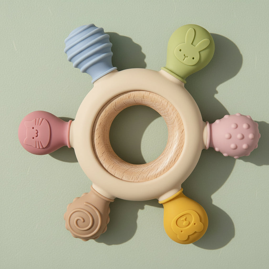 Pepicat Silicone Teething Toys - Natural Wooden Ring with Silicone Cover