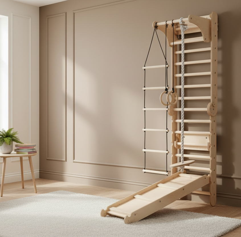 6in1 Swedish Ladder for Kids – Converts into Pikler Triangle + Slide + Swing