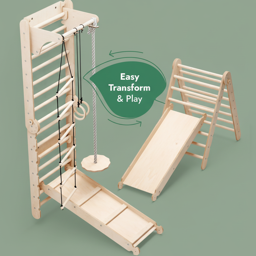 6in1 Swedish Ladder for Kids – Converts into Pikler Triangle + Slide + Swing