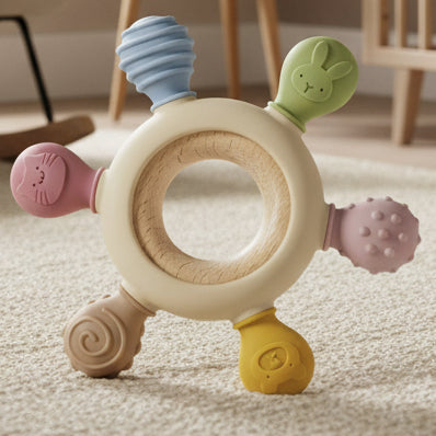 Pepicat Silicone Teething Toys - Natural Wooden Ring with Silicone Cover