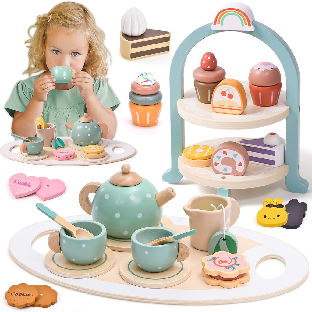 Atoylink Wooden Tea Party Set for Little Girls 28 Pcs