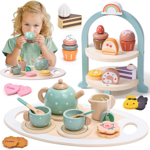 Atoylink Wooden Tea Party Set for Little Girls 28 Pcs