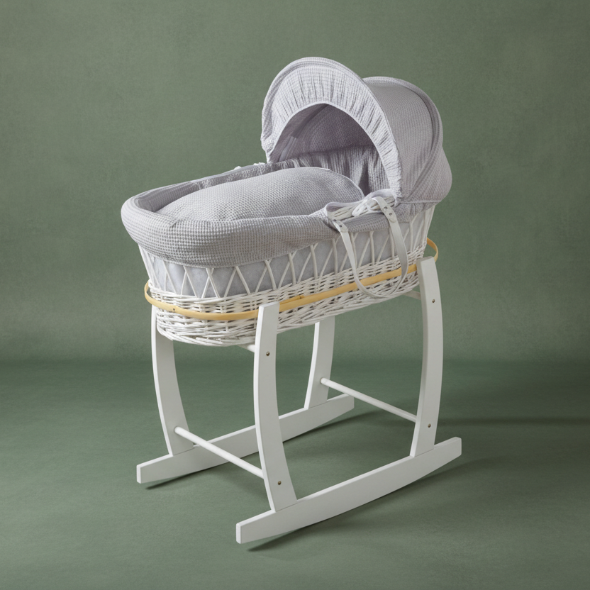 Grey Waffle White Wicker Baby Moses Basket With Stand